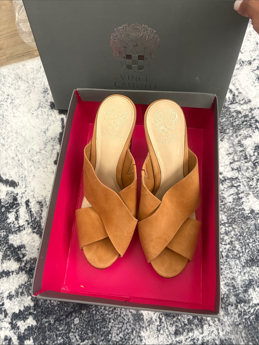 Vince Camuto Tan Suede Crisscross Slide Mules